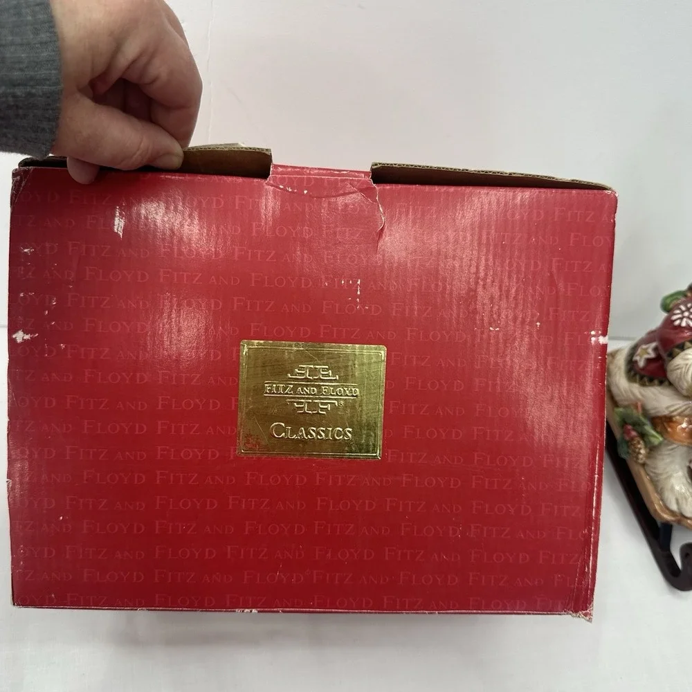 Fitz and Floyd Christmas Lodge Rabbit On A Sleigh With Tree Cookie jar W / Box‎